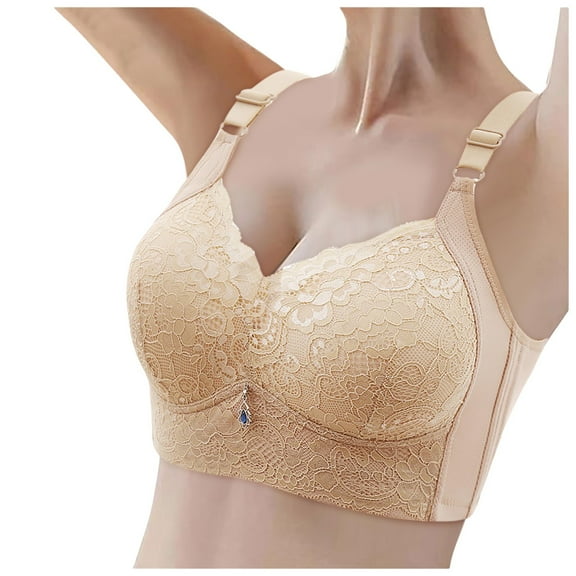 Wdgfv Women's Push Up Front Closure Bras Plus Size Unlined Lace Bralette Breathable Wireless Full Coverage Minimizer Bras Beige 36
