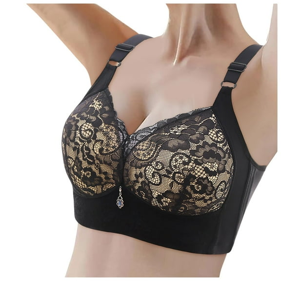 Wdgfv Women's Push Up Front Closure Bras Plus Size Unlined Lace Bralette Breathable Wireless Full Coverage Minimizer Bras Black 42