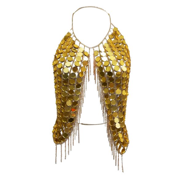 Wdgfv Women's Sequin Body Chain Jewelry Set with Tassels, Boho Backless Halter Bikini Bra Harness & Punk Fish Scale Top for Beach Gold One Size