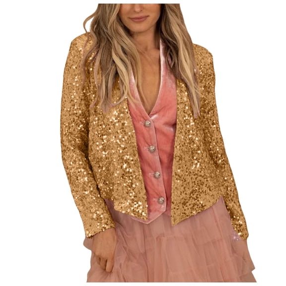 Wdgfv Women's Sequin Jackets Open Front Blazer Jacket Casual Long Sleeve Sparkly Cardigan Coat with Pocket Gold S