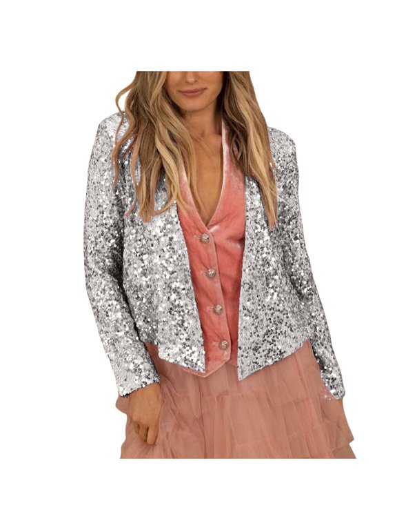 Women's Sequin Jackets Open Front Blazer Jacket Casual Long Sleeve Sparkly Cardigan Coat with Pocket Silver S