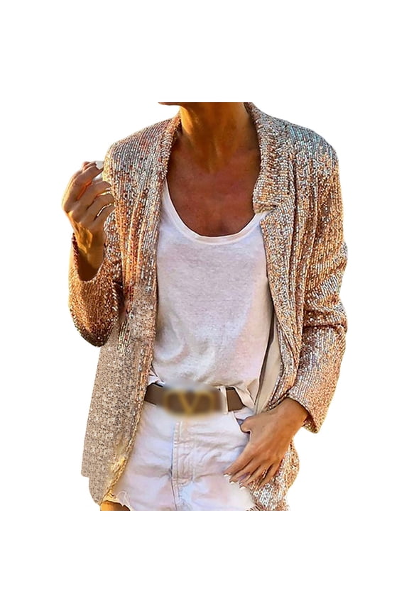 Women's Sequin Jackets Open Front Blazer Jacket Casual Long Sleeve Sparkly Cardigan Coat with Pocket