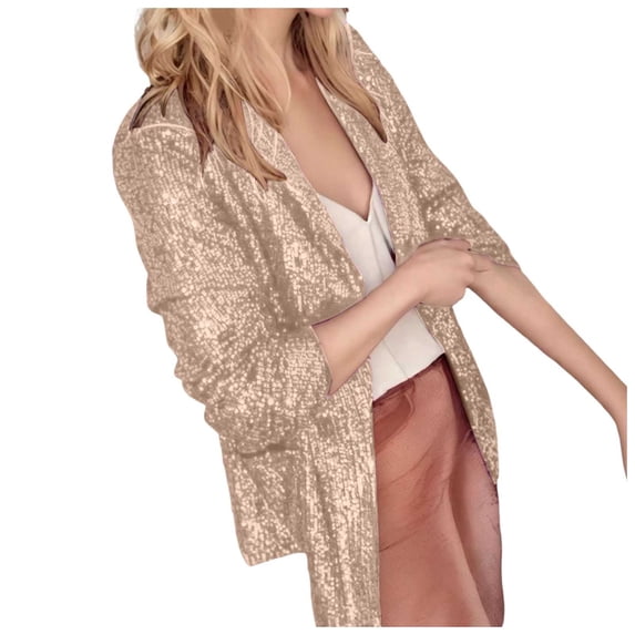 Wdgfv Women's Sequin Jackets Open Front Blazer Jacket Casual Long Sleeve Sparkly Cardigan Coat with Pocket