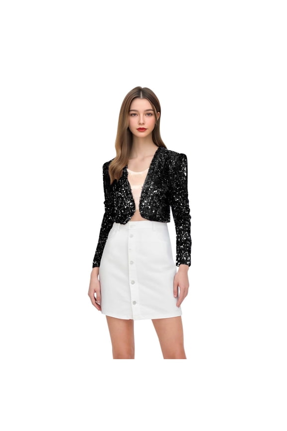 Women's Sequin Jackets Open Front Blazer Jacket Long Sleeve Sequin Knit Outerwear Jacket for Elegant Evening Outings and Wear Black One Size