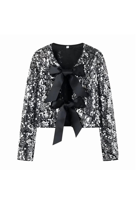 Women's Sequin Jackets Open Front Blazer Jacket Round Neck Long Sleeve Loose Fit Large Size Sparkling Sequins Short European Style Cardigan Sweater Silver XL