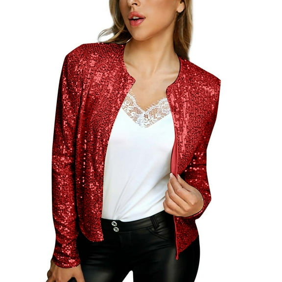 Wdgfv Women's Sequin Shrug Cardigan Open Front Collarless Christmas Glitter Sparkly Blazer Jacket