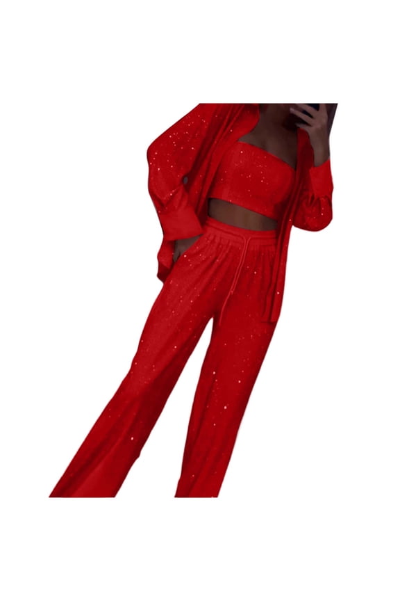Women's Sequined Fashion Suit Set One Button 3 Piece Wedding Tuxedos Blazer Pants Prom Party Outfit Red L