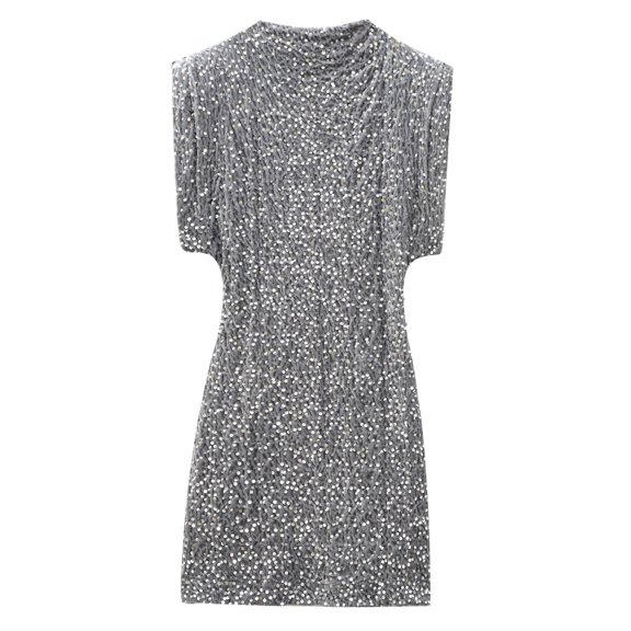 Wdgfv Women's Sequins Dress Velvet Sleeveless Round Neck Casual Solid Bodycon Dress for Everyday Style Dark Gray XS