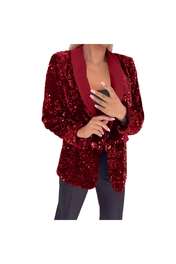 Women's Sequins Velvet Blazer Notch Lapel Casual Loose Long Sleeve Sparkly Party Jacket Coat Red M