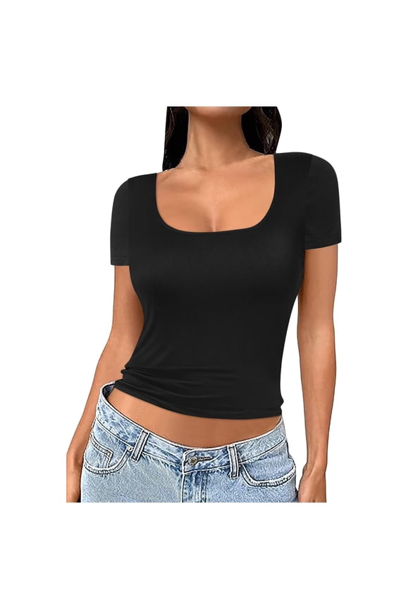 Women's Square Neck Short Sleeve Double Layer T Shirt Basic Slim Fit Tee for Yoga and Casual Outings Black M