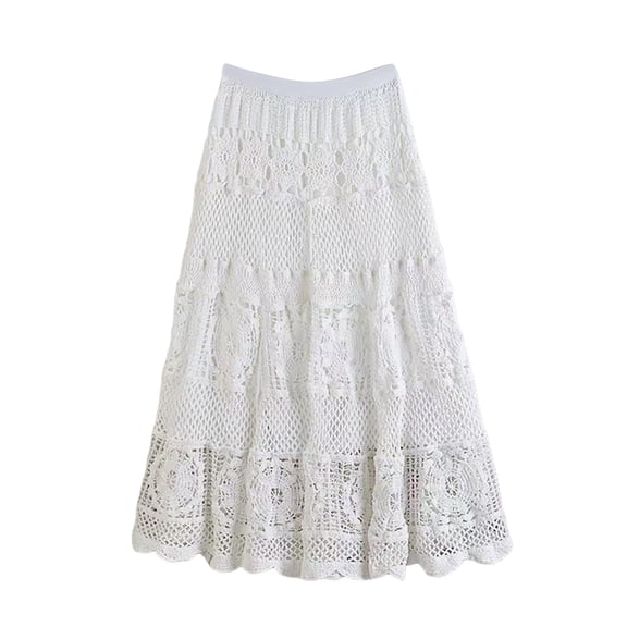 Wdgfv Women's Stretched High Waist Crochet Hollow Out Knit Flowy Patterned Lace Maxi Skirt
