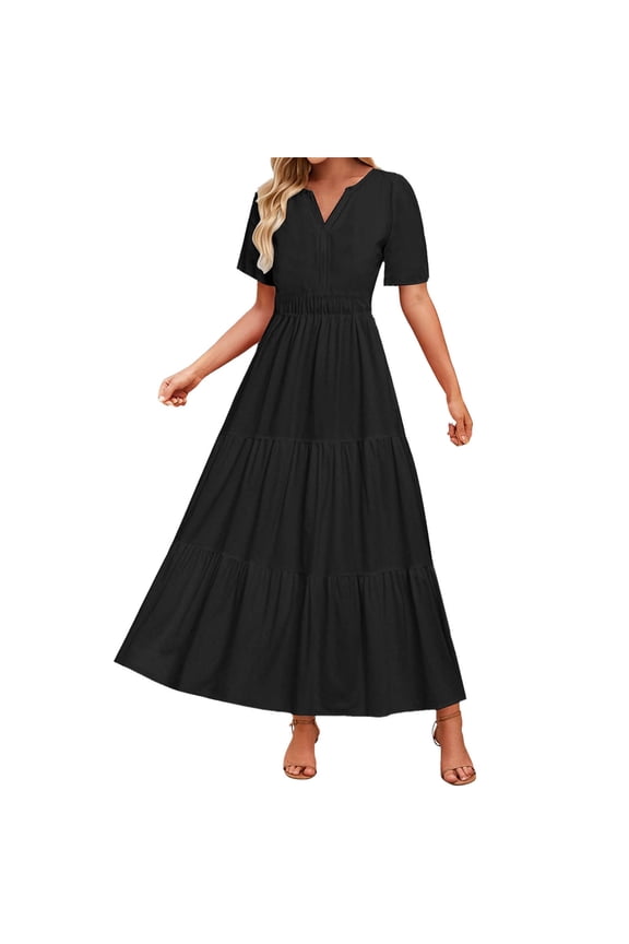 Women's Summer Casual Short Sleeve V Neck Midi Dresses 2025 Spring A-line Tiered Wedding Guest Dress