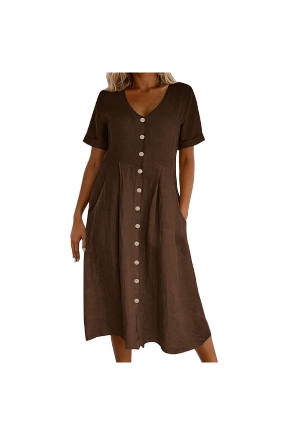 Women's Summer Casual V Neck Button Down Shirt Dress Lightweight Flowy Midi Length with Pockets