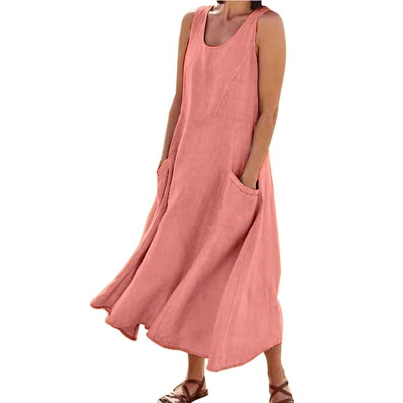 Wdgfv Women's Summer Cotton Linen Long Dress Sleeveless Elegant Flowy Dresses Plus Size Loose Comfy Dress with Pockets Watermelon Red S