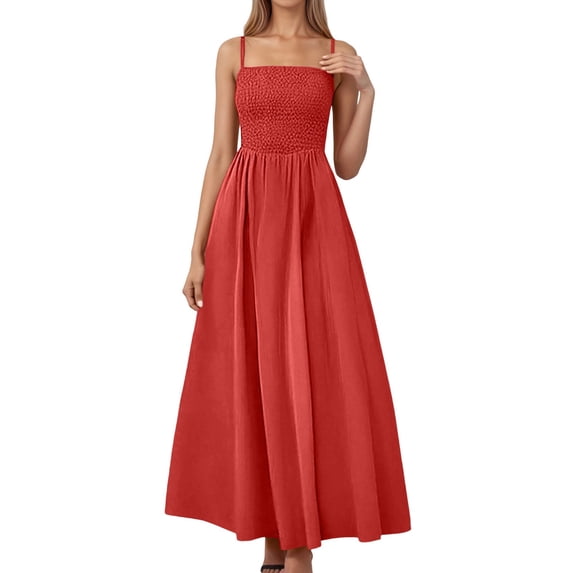 Wdgfv Women's Summer Smocked Maxi Dress Spaghetti Strap Flowy Swing A-Line Casual Beach Long Dress