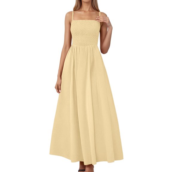 Wdgfv Women's Summer Smocked Maxi Dress Spaghetti Strap Flowy Swing A-Line Casual Beach Long Dress