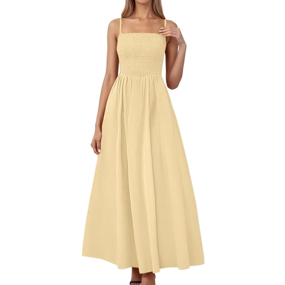 Wdgfv Women's Summer Smocked Maxi Dress Spaghetti Strap Flowy Swing A-Line Casual Beach Long Dress