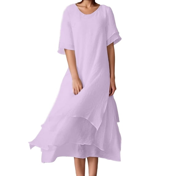 Wdgfv Women's Summer Tiered Layered Linen Maxi Dress Flowy Casual Loose Cotton Short Sleeve Wedding Long Dress Purple XXXXL