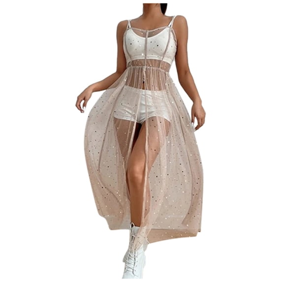 Wdgfv Women's Tulle Sheer Mesh Sequin Swimsuit Cover Up Flowy Long Maxi Slit Dress Rave Festival Outfits