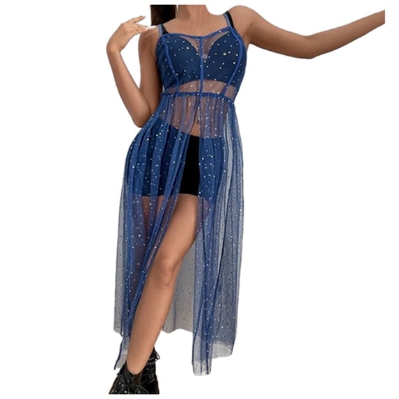 Wdgfv Women's Tulle Sheer Mesh Sequin Swimsuit Cover Up Flowy Long Maxi Slit Dress Rave Festival Outfits