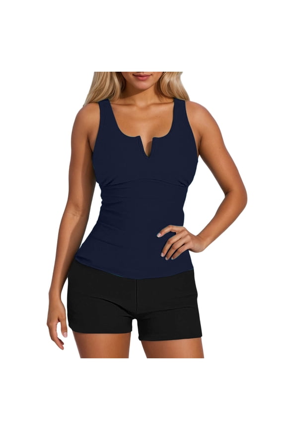 Women's V-Wire Tankini Swimsuits Tummy Control Ruched Top Two Piece Bathing Suits with High Waisted Shorts