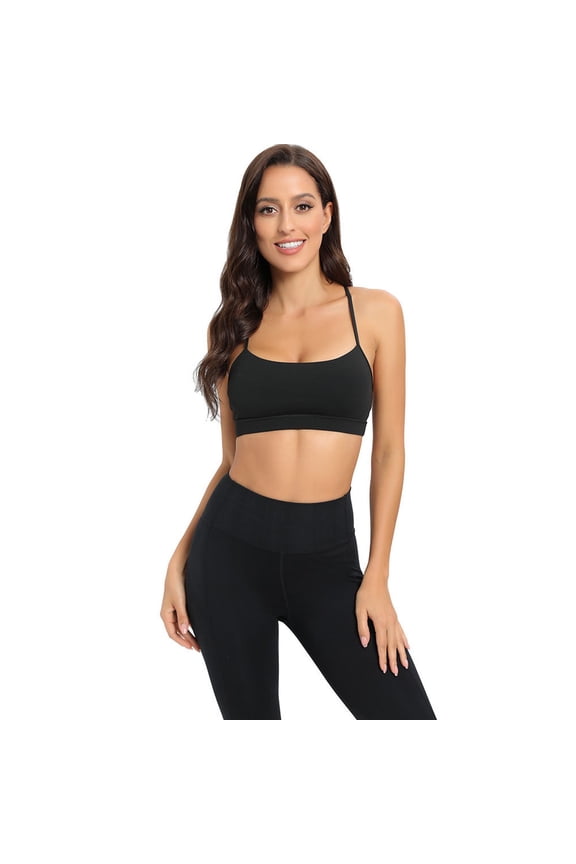 Women's Y-Back Sports Bra with Removable Pads Racerback Design Thin Spaghetti Straps for Workout and Yoga Black L