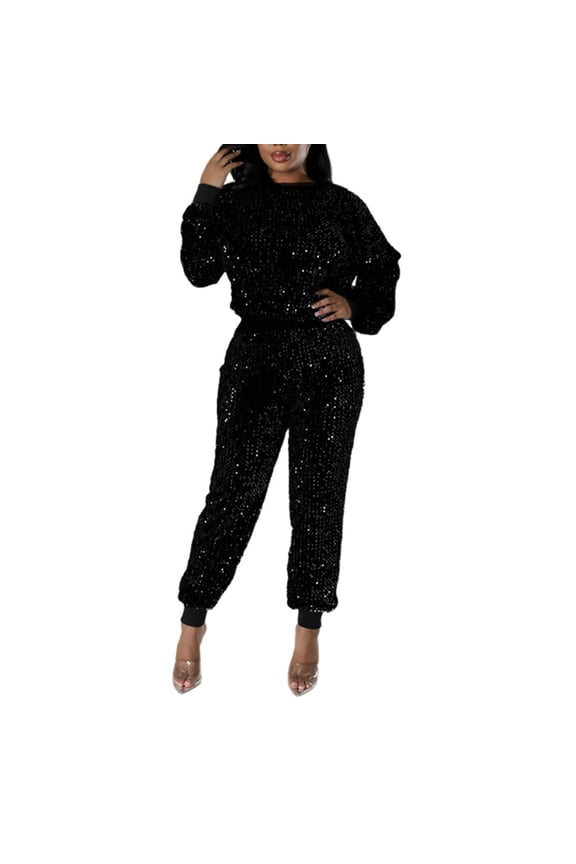 Womens 2 Piece Outfits Silver Glitter Sequins & Metallic Shiny Top and Pants Set Black M