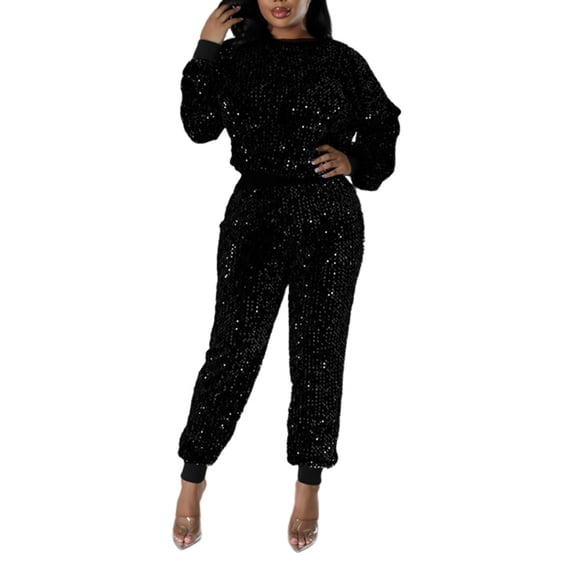 Wdgfv Womens 2 Piece Outfits Silver Glitter Sequins & Metallic Shiny Top and Pants Set Black M