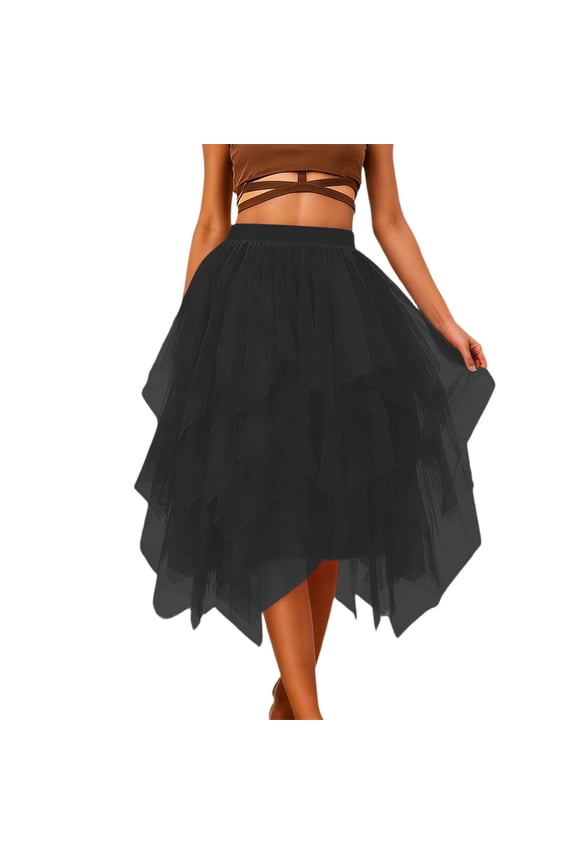 Womens A-Line Fairy Patterned Elastic Waist Ruffle Tulle Layered Midi Skirt