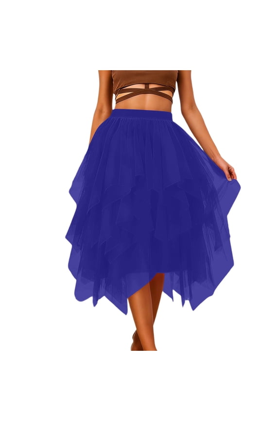 Womens A-Line Fairy Patterned Elastic Waist Ruffle Tulle Layered Midi Skirt