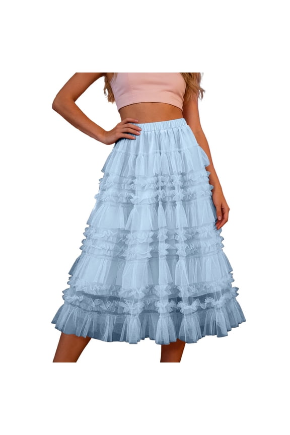 Womens A-Line Fairy Patterned Elastic Waist Ruffle Tulle Layered Midi Skirt