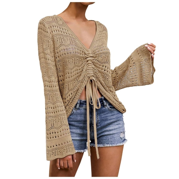 Wdgfv Womens Boho Off Shoulder Sheer Crop Tops Bell Sleeve Flowy Oversized Crochet Ruched Pullover Sweaters