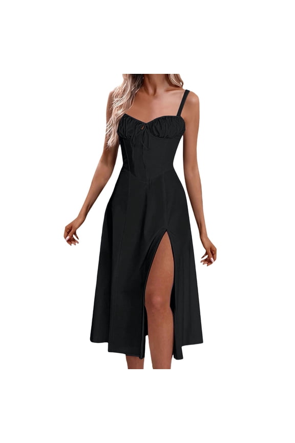Womens Casual Bustier Corset Dress Spaghetti Strap Square Neck Ruched Bodycon Split A Line Boho Flowy Maxi Sundress Black M