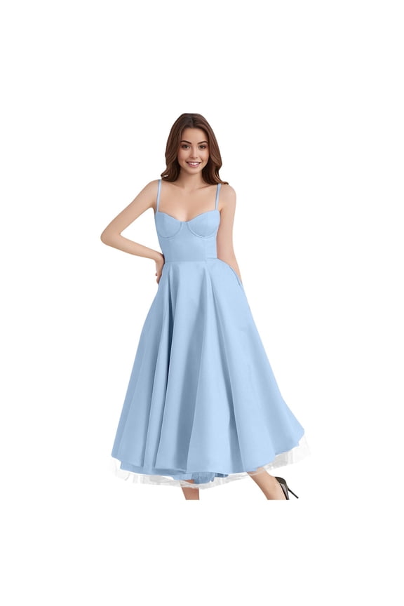 Womens Corset Dress Spaghetti Strap Bustier Midi Dresses Vintage Party Dress Flowy Pleated Hem Low Cut Prom Dresses Light Blue S