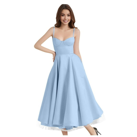 Wdgfv Womens Corset Dress Spaghetti Strap Bustier Midi Dresses Vintage Party Dress Flowy Pleated Hem Low Cut Prom Dresses Light Blue XL