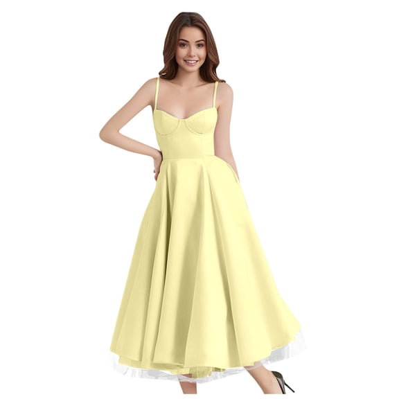 Wdgfv Womens Corset Dress Spaghetti Strap Bustier Midi Dresses Vintage Party Dress Flowy Pleated Hem Low Cut Prom Dresses Yellow S