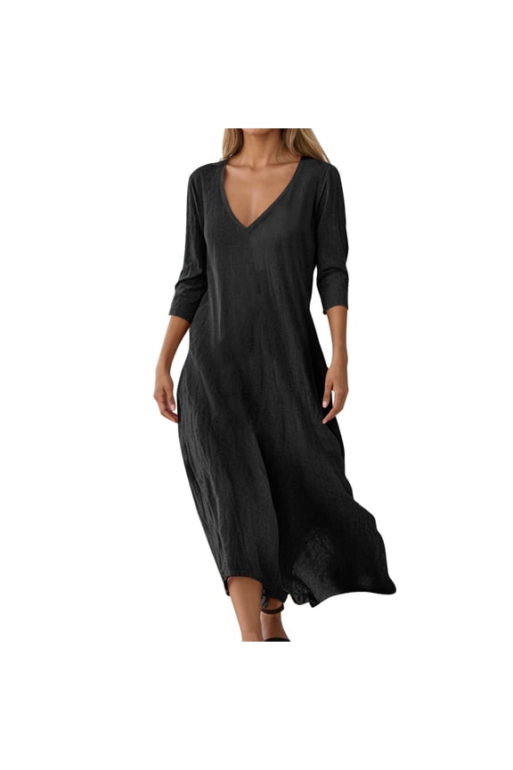 Womens Cotton Linen Dress Casual Button Down Flowy Plus Size Maxi Dresses 3/4 Pleated Sleeve Shift Dress with Pocket