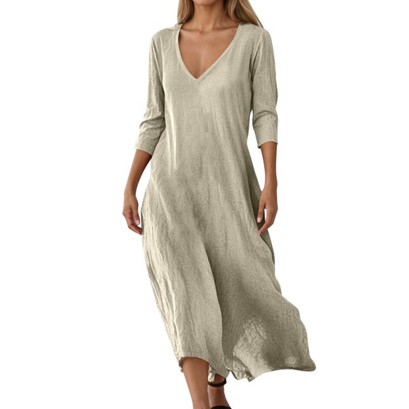 Wdgfv Womens Cotton Linen Dress Casual Button Down Flowy Plus Size Maxi Dresses 3/4 Pleated Sleeve Shift Dress with Pocket