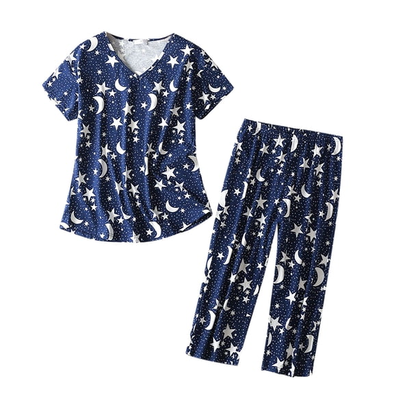 Wdgfv Womens Cotton Pajama Sets Short Sleeve Top With Capri Pants 2 piece sets for Women Summer Pajamas Lounge Set