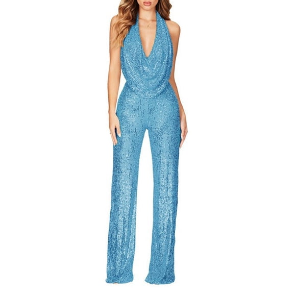 Wdgfv Womens Cowl Neck Sparkly Jumpsuits Clubwear Sleeveless Elegant Sequins Bodycon Wide Leg Pants Rompers