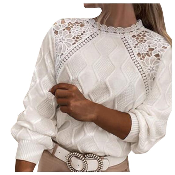 Wdgfv Womens Crewneck Sweater Pullover Women's Autumn Winter Casual Knitted Pullover Sweater with Fashion Lace Shoulder Stitching Detail for Comfortable Daily Wear