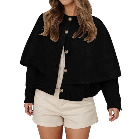 Wdgfv Womens Cropped Cape Cardigan Button Up Crew Neck Jacket Shawl Fall Trendy Knit Sweater Black L