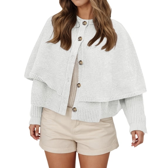 Wdgfv Womens Cropped Cape Cardigan Button Up Crew Neck Jacket Shawl Fall Trendy Knit Sweater White S