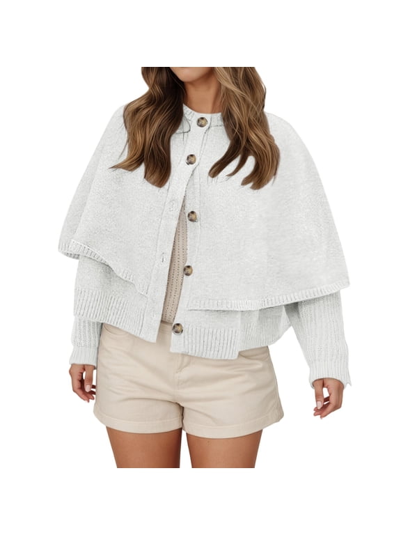 Womens Cropped Cape Cardigan Button Up Crew Neck Jacket Shawl Fall Trendy Knit Sweater White S