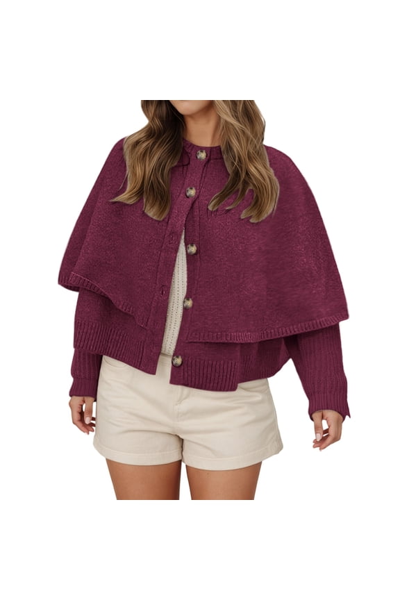 Womens Cropped Cape Cardigan Button Up Crew Neck Jacket Shawl Fall Trendy Knit Sweater Wine M