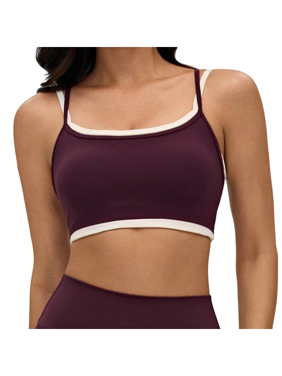 Womens Double Layered Sports Bra Adjustable Spaghetti Straps Scoop Neck Wireless Padded Workout Yoga Crop Tops