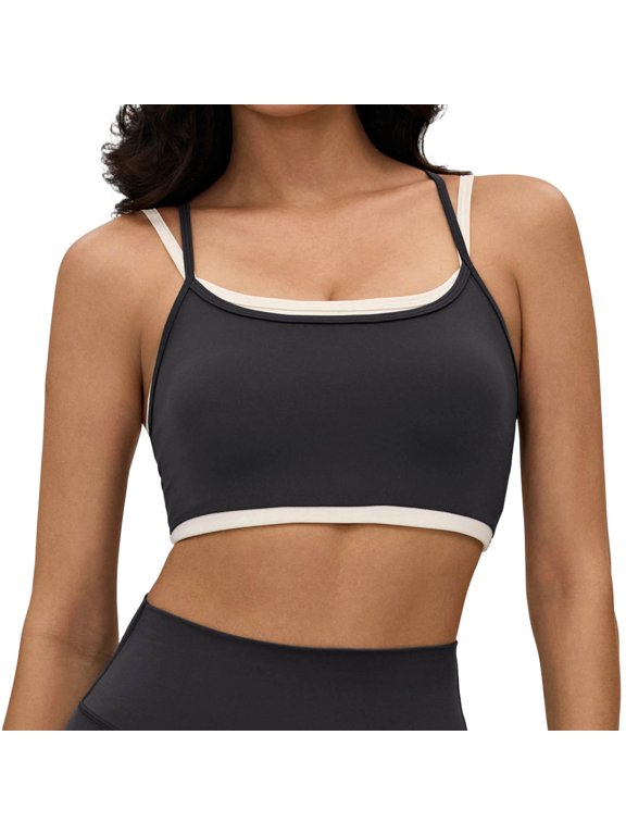 Womens Double Layered Sports Bra Adjustable Spaghetti Straps Scoop Neck Wireless Padded Workout Yoga Crop Tops