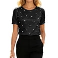 thumbnail image 1 of Wdgfv Womens Elegant Pearls Beaded Crew Neck Short Sleeve Blouse Solid Loose Fit Satin Slik Tops Fashion Summer Outfits, 1 of 4