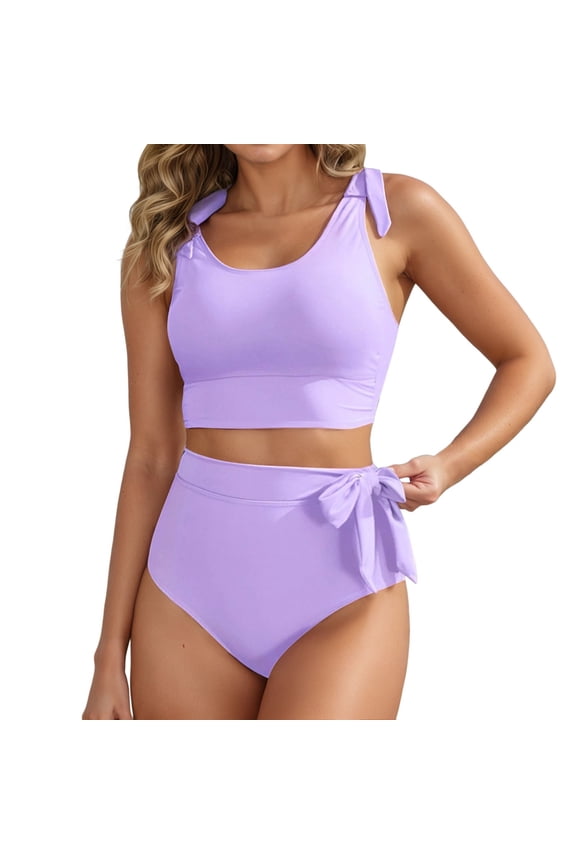Womens High Waisted Bikini Set Tummy Control 2 Piece Bathing Suit Modest Racerback Swimsuit 2026 with Tie Side Knot