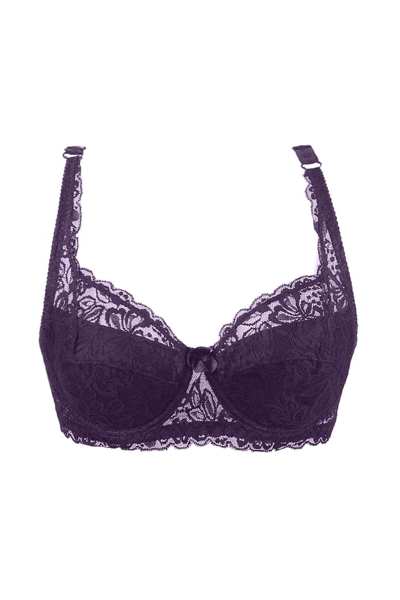 Womens Lace Bra Sheer Balconette Underwire Unlined Everyday Bras Purple 90B